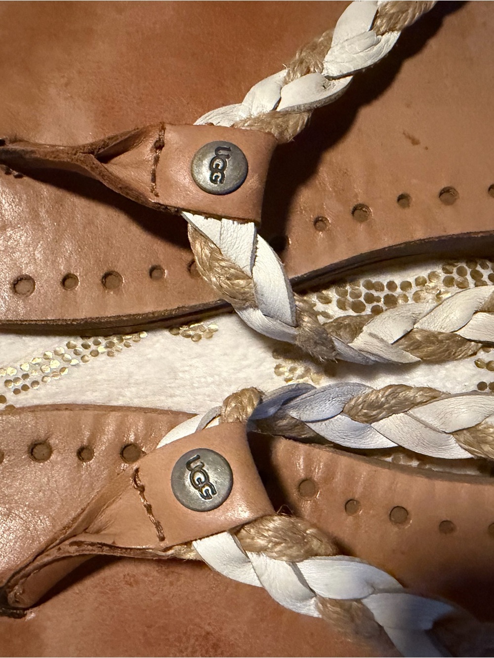 UGG Braided Brown and White Leather Thong Sandals - Picture 4 of 6